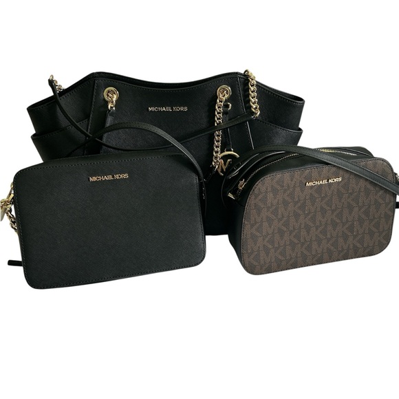 Michael Kors Black and Brown Shoulder Crossbody Bags with Gold Hardware Lot of 3 - Picture 1 of 16